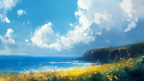Coastal wildflower bluff overlooks a bright summer sea.