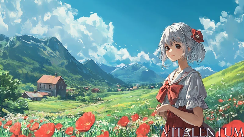 Girl in red dress standing in bright mountain flower field.