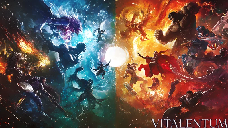 Dynamic cosmic clash with mirrored elemental superhero forces.