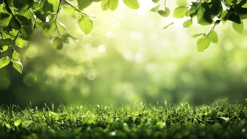 Sunlit fresh green leaves and grass with soft bokeh background.