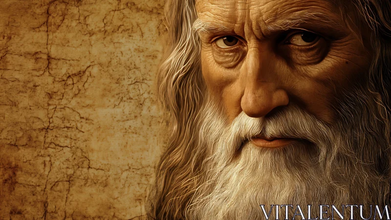 Weathered sage gazes forward with quiet, timeless wisdom