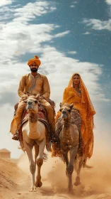 Desert riders in vibrant traditional dress cross dunes