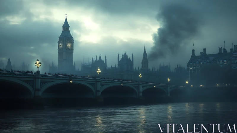 Moody London riverside glows softly in misty twilight calm