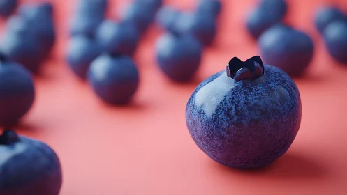 Blueberry in coral spotlight, a tiny hero of color contrast.