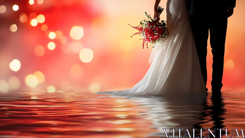 Newlywed couple sharing dreamy reflections by water.