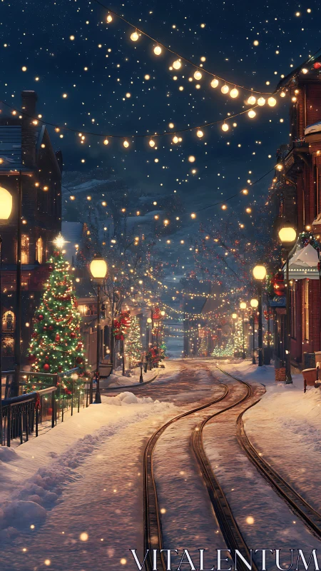 Snow-kissed tram tracks curl through a lantern-lit winter dream
