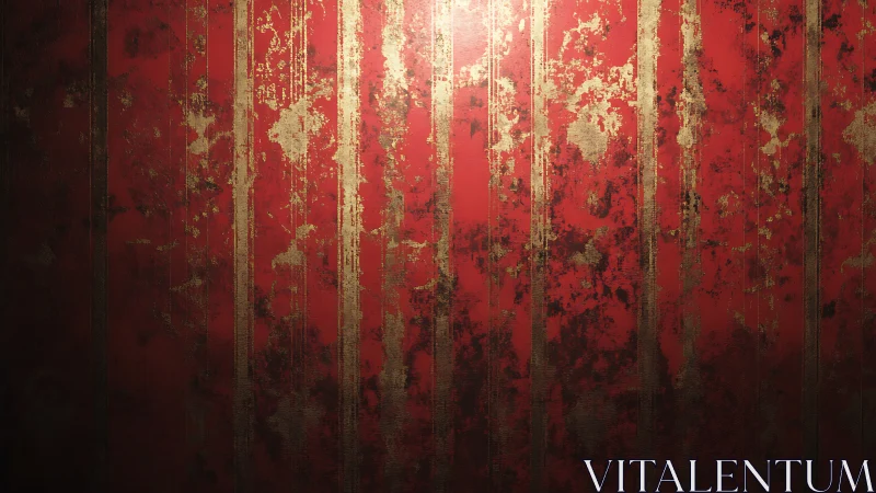 Grunge red wall with distressed vertical metallic striping design.