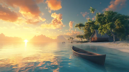 Tropical Island Sunset with Anchored Boat and Temple.