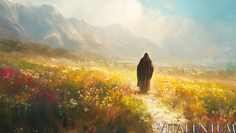 Solitary robed figure walks along path through mountain valley