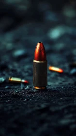 Lone upright bullet shell glows on dark, gritty ground.