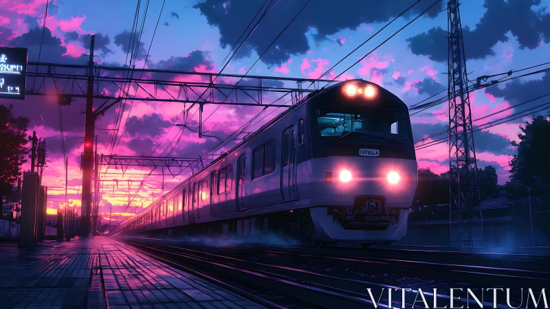 Electric commuter train departs urban platform under vivid sunset