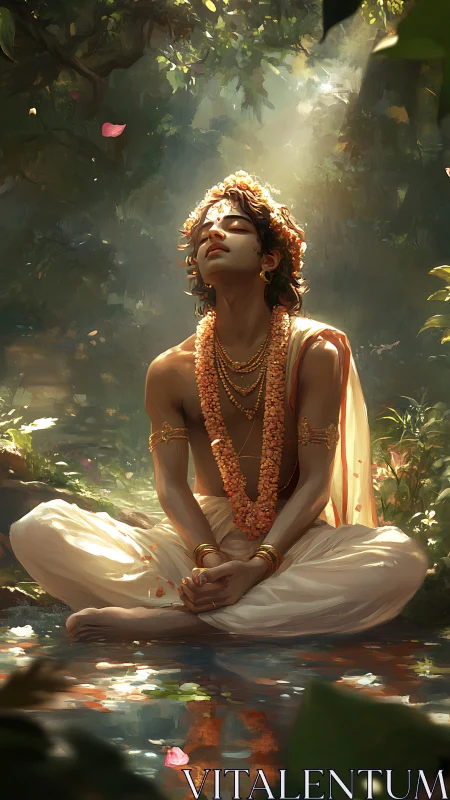Divine male yogi meditating in sunlit forest beside water