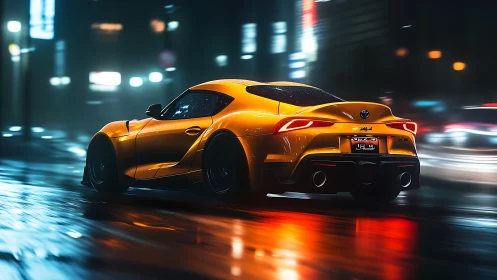 Photorealistic rear three-quarter of orange sports coupe at speed.