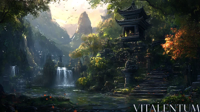 Digital painting of misty temple garden with cascading waterfalls.