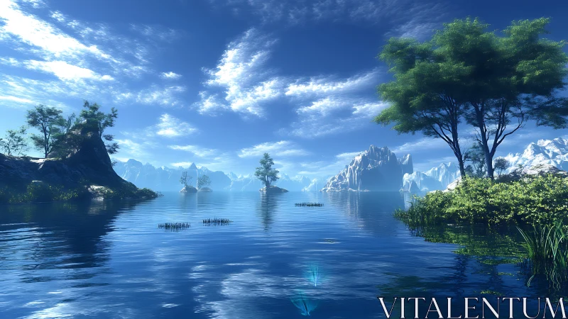 Digital lake landscape with distant snowy mountains.