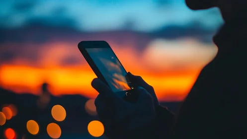 Silhouette uses smartphone against vivid city sunset glow.