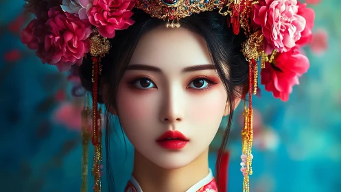 Digital portrait shows woman in ornate traditional headdress