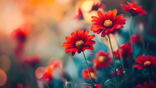 Red Gerbera Daisies with Shallow Depth of Field Photographic Rendering