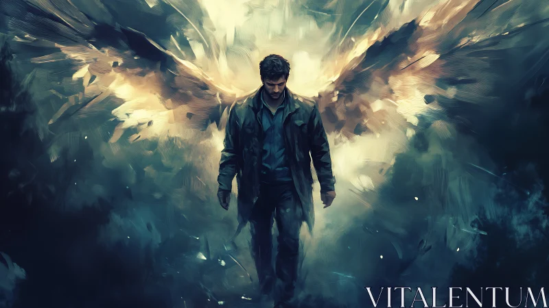 Man with glowing abstract wings walks through swirling mist