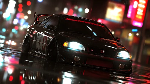 Midnight city rain cruise with a gleaming street racer.