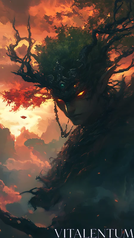 Tree spirit with glowing eyes emerges from stormy clouds