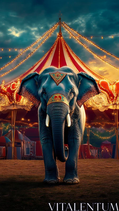 Regal circus elephant before illuminated striped pavilion.