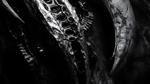 Dark Alien Exoskeleton Close-Up in Surreal Horror Style.