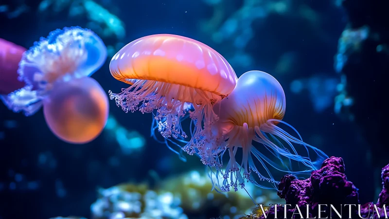 Neon jellyfish waltz in sapphire-tinted underwater twilight.