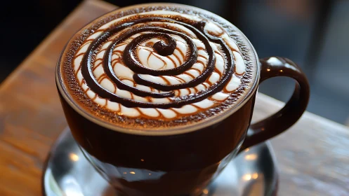 Mocha coffee in brown cup with spiral chocolate art.