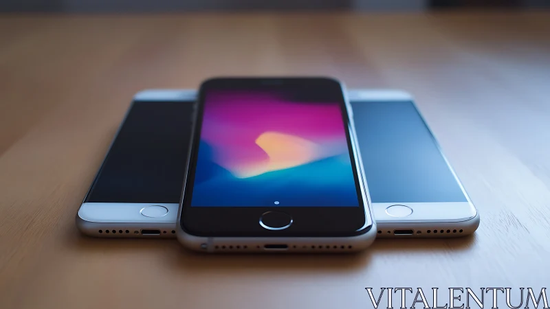 Three iPhones Display Gradient Wallpapers on Wooden Surface