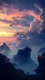 Digital painting of misted mountain spire at cinematic dusk.