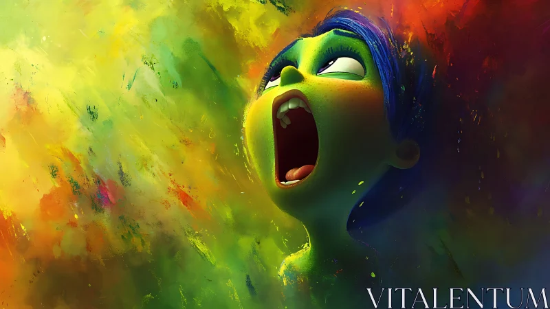 Vivid digital portrait of shouting character in neon storm.