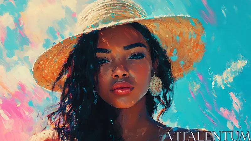 Sunlit muse in a straw hat against painterly summer skies.