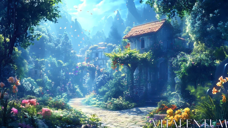 Lush fantasy garden path with sunlit cottage and flowers.