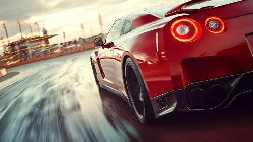 Red sports car chasing sunset on a slick city racetrack.