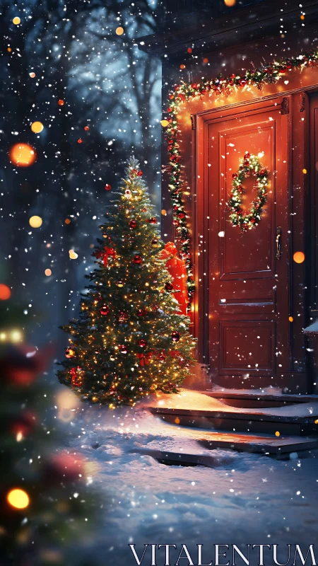 Snowfall illuminates a warmly lit, wreath-framed Christmas doorway