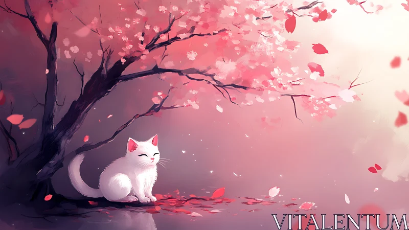 White Felid Under Cherry Blossom Tree with Particle Debris Field