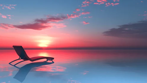 Single deck chair is positioned over reflective water at sunset