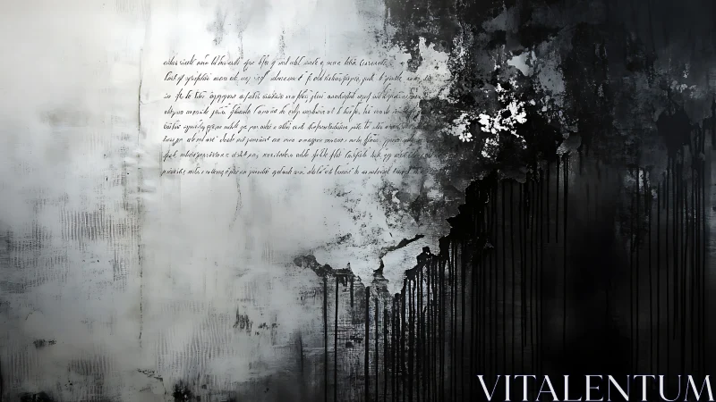 Ink script erodes through monochrome wall abstraction.