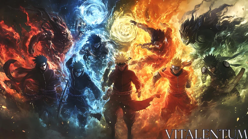 Elemental warriors clash in swirling fire, water and storm