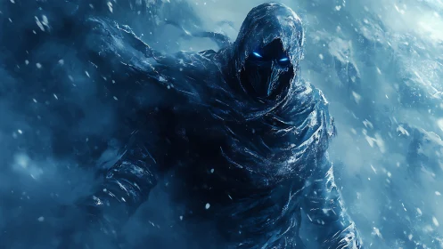 Frost shrouded wraith strides through a storm of blue silence.