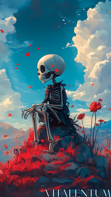 Skeleton seated on hill amid red flowers under bright sky.