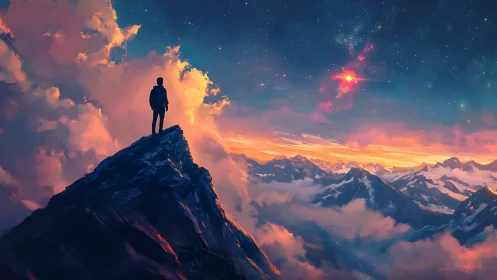 Solitary human figure on high mountain ridge at dusk.