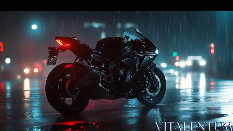 Sport motorcycle in neon-lit rainy street at night urban scene.