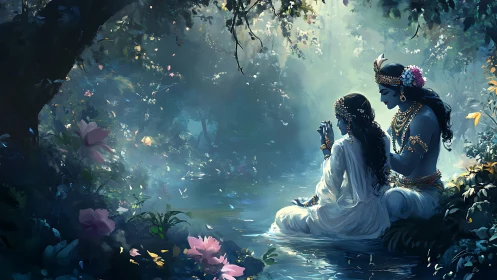 Divine couple rests beside luminous forest stream at dusk