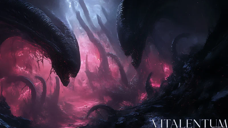 Nightmarish alien guardians curve over a glowing crimson rift