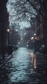 Rain-soaked cobblestone street under dim evening lamps