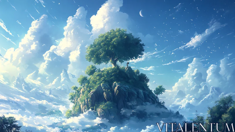 Floating Island Mountain Peak with Luminous Tree Crowning Clouds.