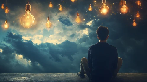 Man sits facing glowing hanging bulbs against cloudy sky