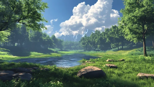 Mountain lake in green forest under large cloud sky.